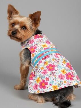 Floral Pink & Turquoise Dog Harness Dress Size M
